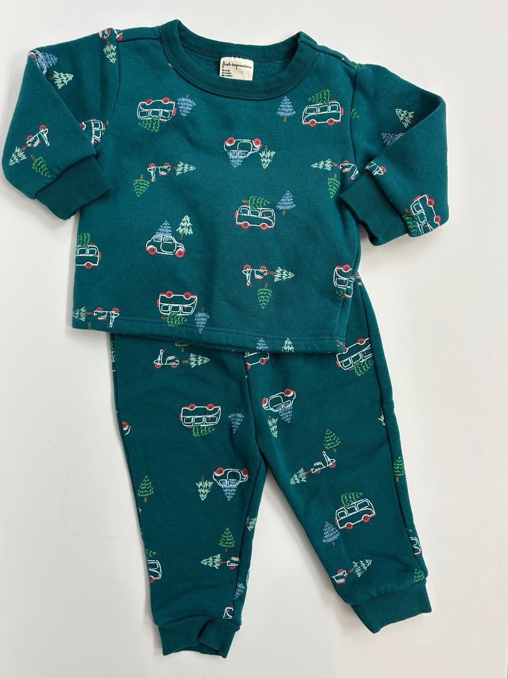 First Impressions Green Christmas Tree & Car Sweatshirt & Joggers Set 6-9M